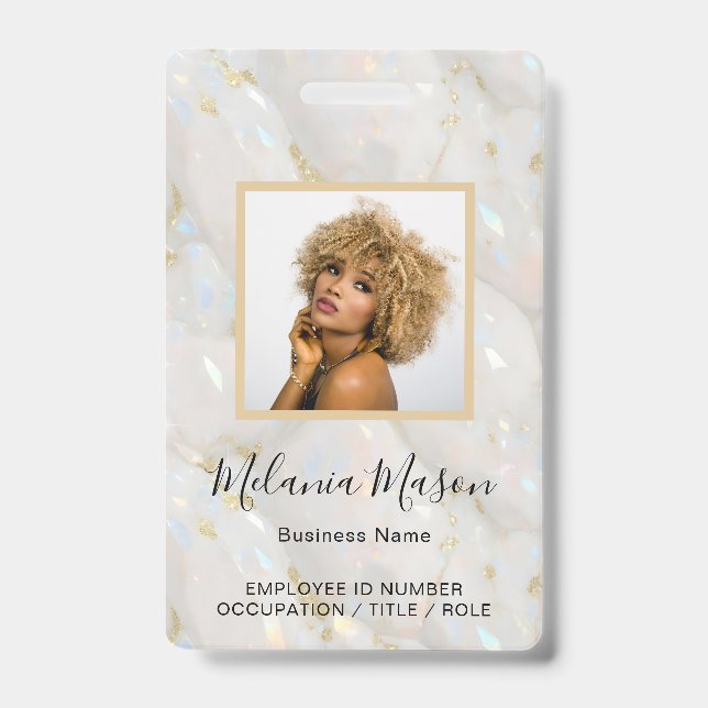 Crachá Nome de Foto Personalizado Holográfico Faux Opal S (Frente)