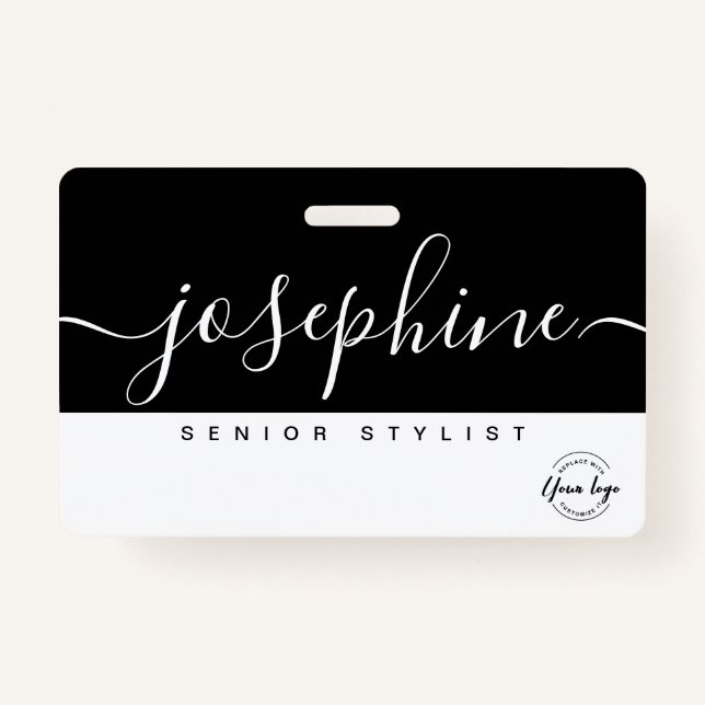 Crachá Nome de Script Bonito Branco Preto Personalizado (Frente)
