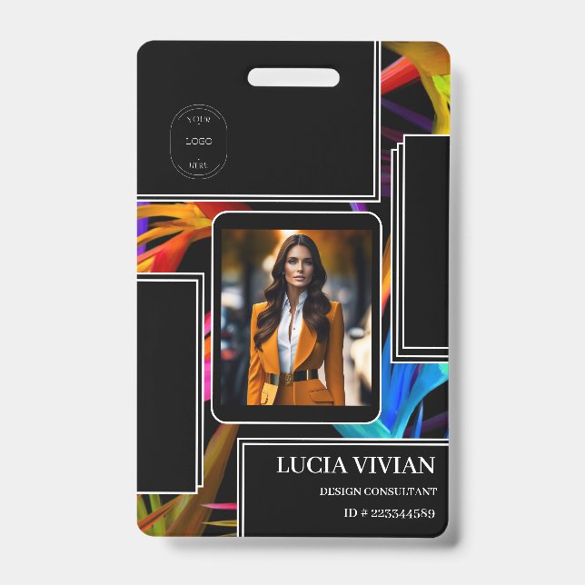 Crachá Nome do Funcionário de Foto Tropical Preta Colorid (Frente)