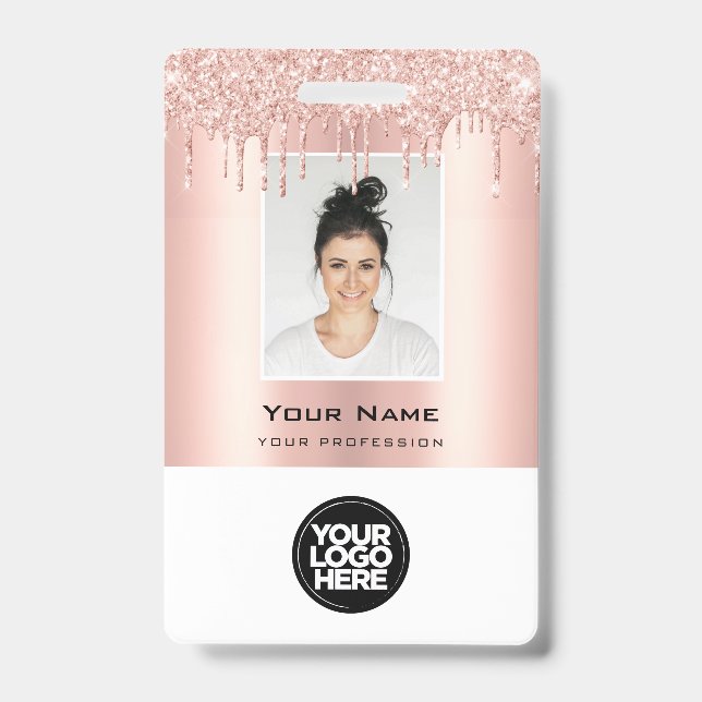 Crachá Nome em Dourado Rosa com Efeito de Gotas de Brilho (Frente)
