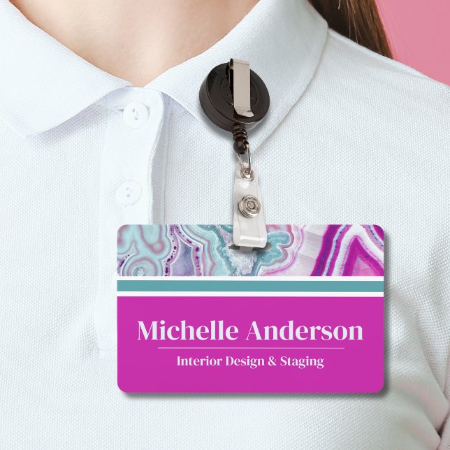 Crachá Nome Empresarial Moderno e Elegante (Cute Monogram Initial Teal Magenta Agate Name Badge)