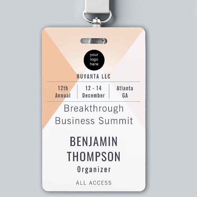 Crachá Nome Laranja do Evento Corporativo da Conferência (event badge template business corporate conference geometric design modern professional orange)