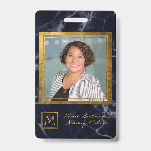 Crachá Notário do Monograma Dourado Quadrado Azul Elegant (Frente)
