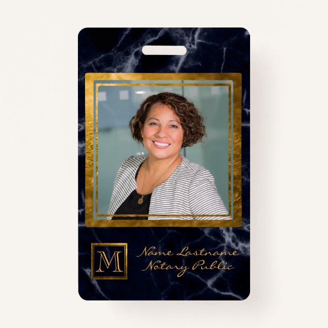 Crachá Notário do Monograma Dourado Quadrado Azul Elegant (Frente)