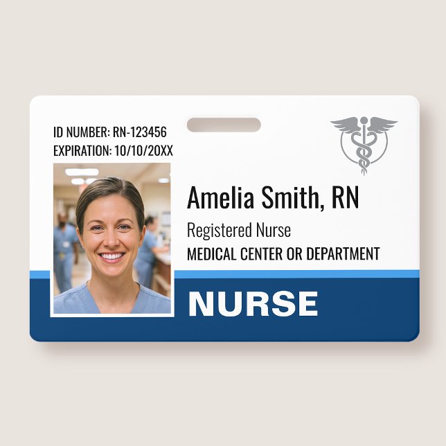 Crachá Nurse ID Badge Photo Logo Modern Blue RN Template (Criador carregado)