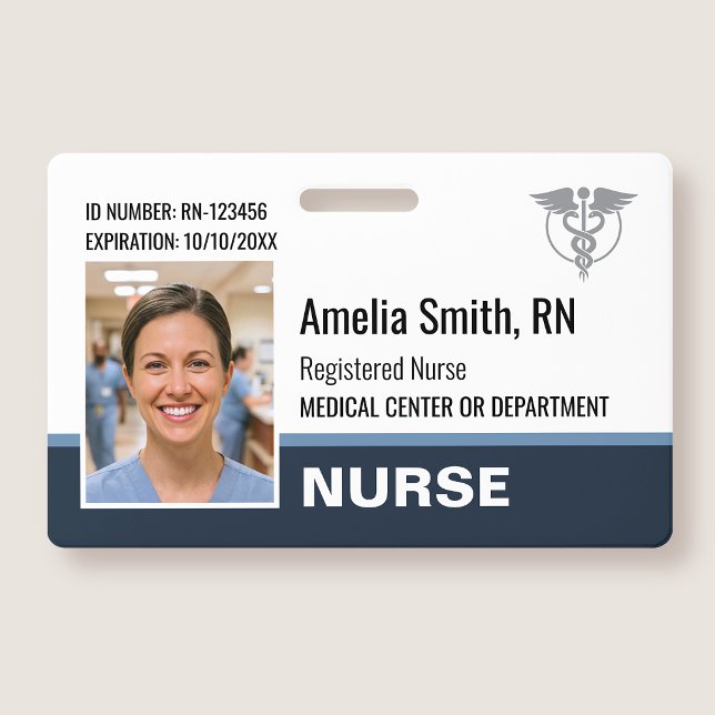 Crachá Nurse ID Badge Photo Logo Modern Gray RN Template (Criador carregado)