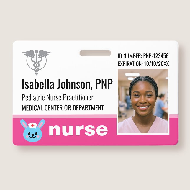 Crachá Nurse ID Badge Photo Logo Rabbit Pink Pediatric (Criador carregado)