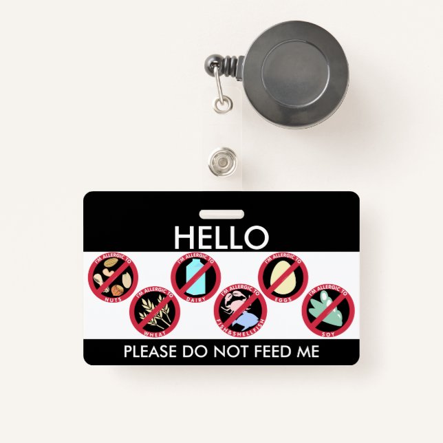 Crachá Olá! meu nome é alérgico ao alérgeno feito sob (Frente com retrátil)