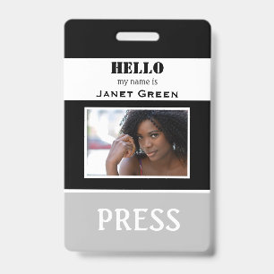 Crachá Olá, meu nome é Photo ID Reporter Press Pass ID 