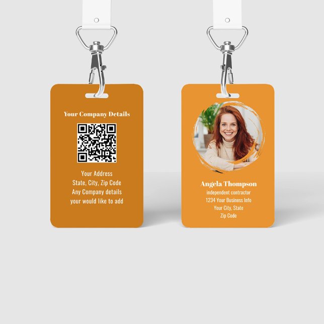 Crachá Orange Modern Photo QR Code Employee (Orange employee photo ID badge with QR code template.)