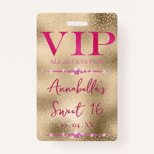 Crachá Ouros cor-de-rosa glamourosos no VIP Dourado (Frente)