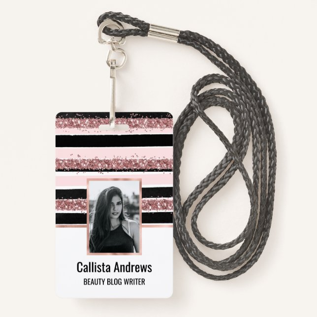 Crachá Padrão de Faixa Brilhante Negra Cor-de-Rosa Dourad (Frente com cordão)