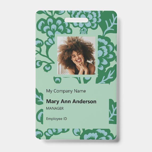 Crachá Padrão Floral Verde e Azul Vibrante e Negrito (Frente)