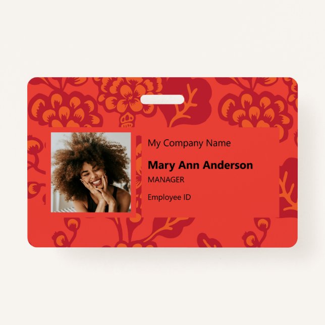 Crachá Padrão Floral Vermelho e Laranja Vibrante e Negrit (Frente)