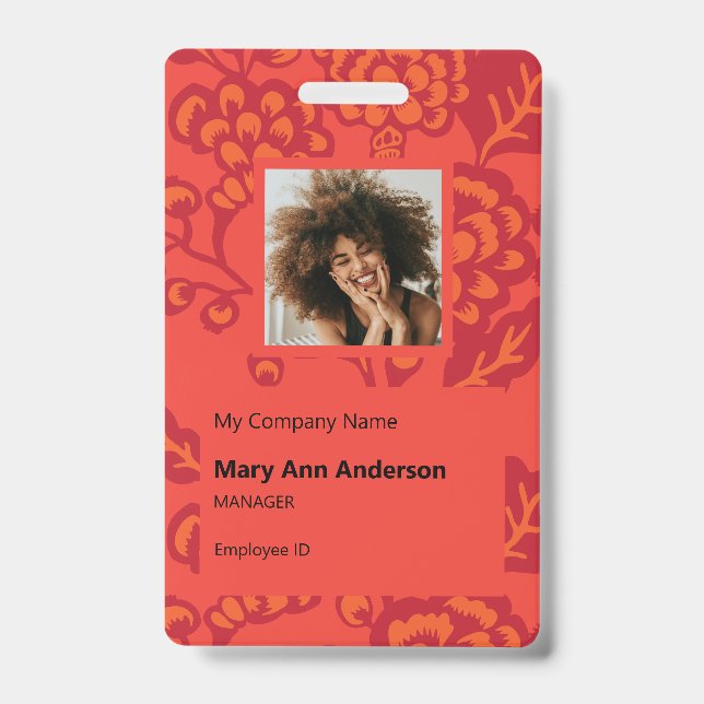 Crachá Padrão Floral Vermelho e Laranja Vibrante e Negrit (Frente)