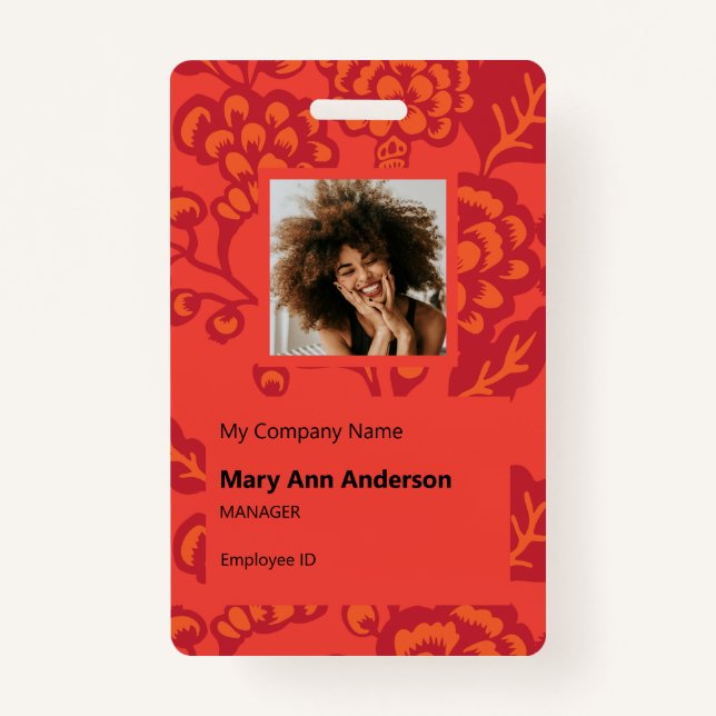 Crachá Padrão Floral Vermelho e Laranja Vibrante e Negrit (Frente)