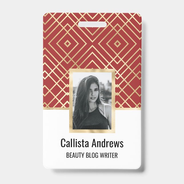 Crachá Padrão Geométrico Art Déco Vermelho Chinês Moderno (Frente)