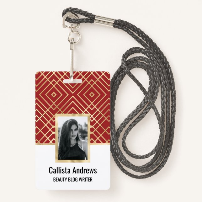 Crachá Padrão Geométrico do Deco de Arte Vermelha Chinesa (Frente com cordão)