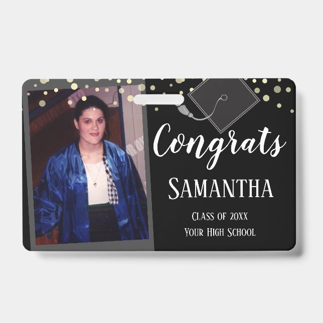 Crachá Parabéns Graduado Turma de Um Foto Emblema Preto (Frente)