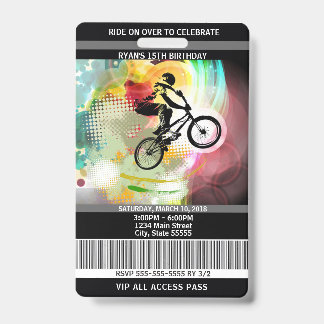 Crachá Passagem do VIP do convite do aniversário de BMX
