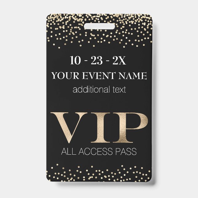 Crachá Passagem VIP de Evento Dourado e Preto (Frente)