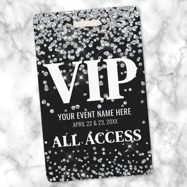 Crachá Passagem VIP Personalizada com Brilho Prata para E (Silver Glitter VIP Event Badge)
