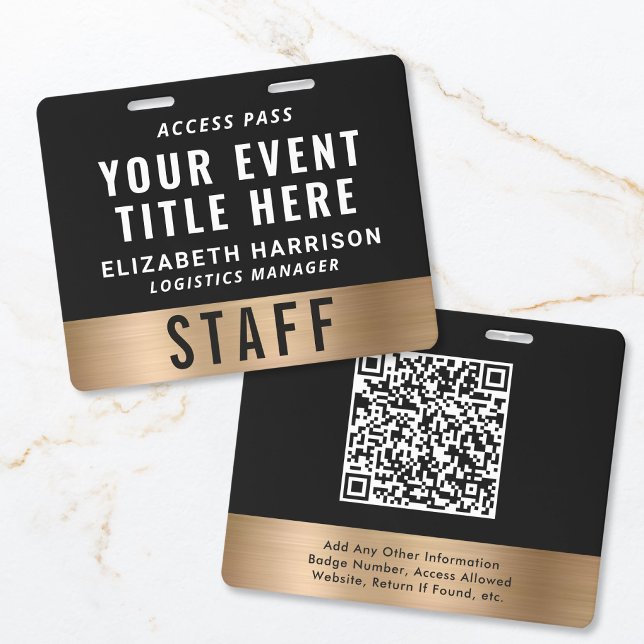 Crachá Passe de Acesso a Evento em QR Code Preto Dourado  (Luxury QR Code Black Gold Event Access Pass ID Badge)