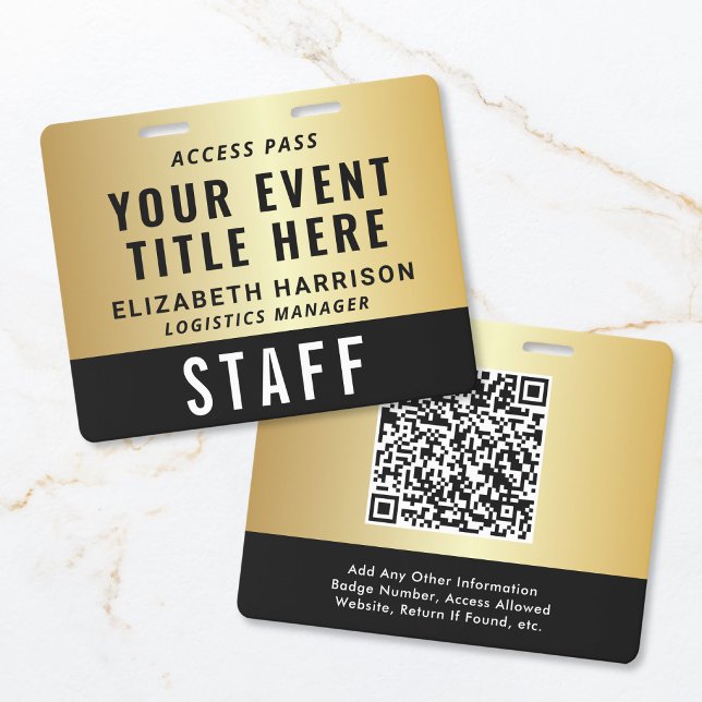 Crachá Passe de Acesso a Evento Preto Dourado Código QR E (Elegant QR Code Black Gold Event Access Pass ID Badge)