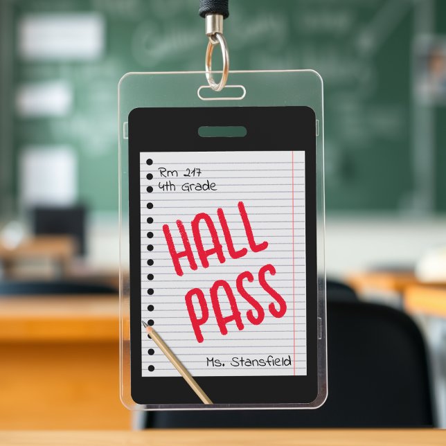 Crachá Passe na Sala de Banheiros de Estudantes de Papel  (black lined notebook paper school teacher student hall pass badge)