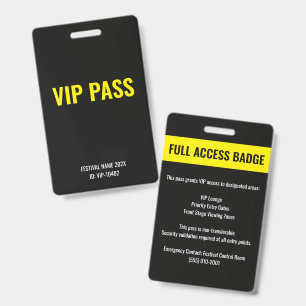 Crachá Passe VIP Acesso Total Festival de Música Amarelo