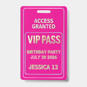 Crachá Passe VIP aniversário de adolescente