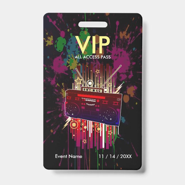 Crachá Passe VIP de respingo de tinta personalizado em pr (Frente)