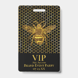 Crachá Passe VIP Elegante Abelha Rainha Preta Dourada Bri