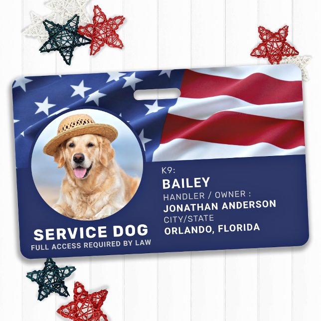 Crachá Patriotic Service Dog USA American Flag Photo ID (Criador carregado)