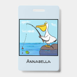 Crachá pelicano de desenho animado engraçado pescando