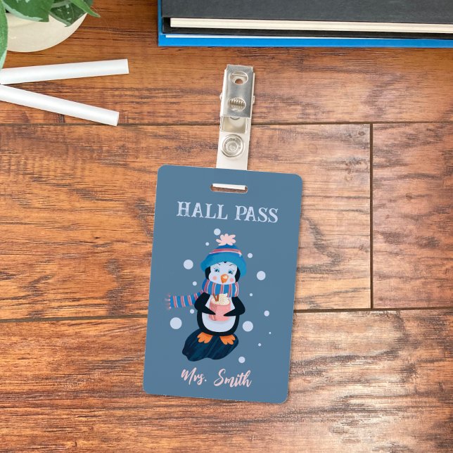 Crachá Penguin with Hot Cocoa Winter Blue Hall Pass Badge (Cute winter blue vertical student hall pass with a cartoon penguin holding a cup of hot cocoa . )