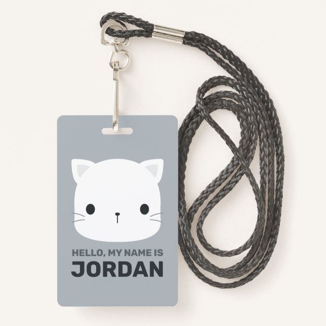 Crachá Pequeno Gato Bonito com Nome Personalizado (Frente com cordão)