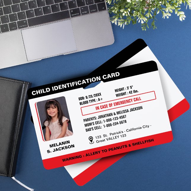Crachá Personalizado de Identificação de Emergênci (Custom Child Emergency Photo ID Badge for Kids -BLACK AND RED-)