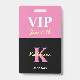 Crachá Personalizado Monograma Preto Moderno Sweet 16 VIP