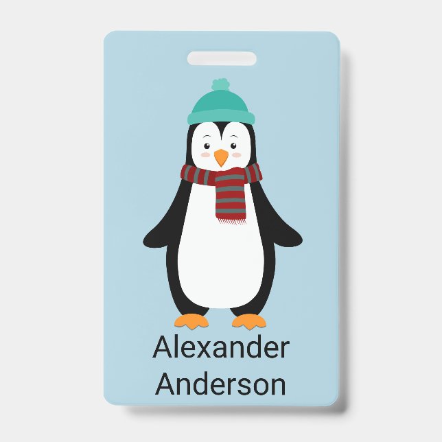 Crachá Personalizar Nome de etiqueta Pinguim Inverno (Frente)