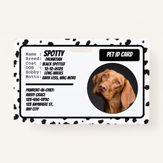 Crachá Personalized Black White Modern Dog Photo ID Badge (Frente)