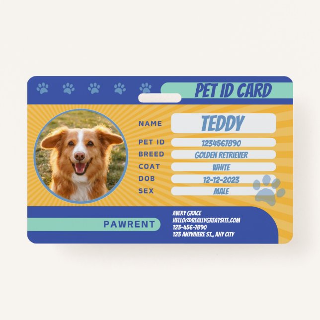 Crachá Personalized Blue Yellow Green Dog Photo ID Badge (Frente)