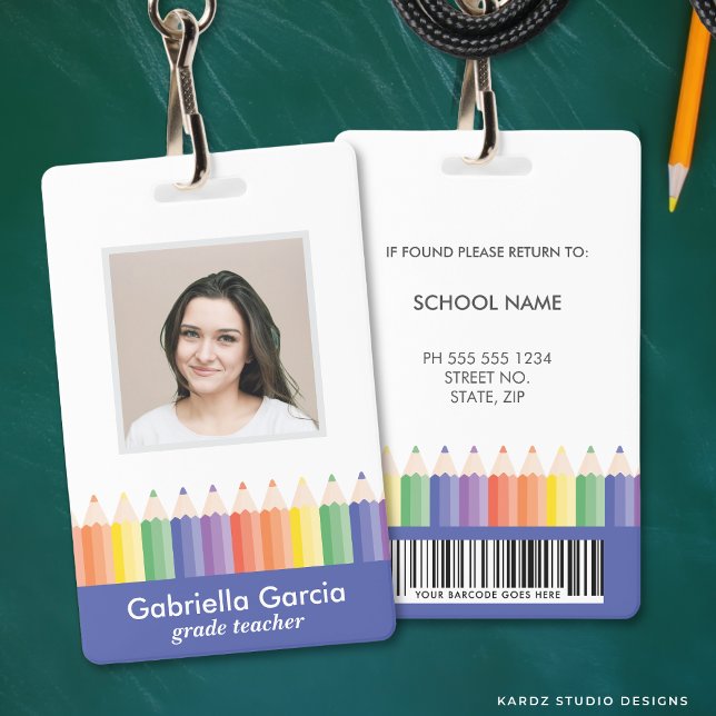 Crachá Personalized Colorful School Teacher Bar Code ID (Front and back are shown. Customize and choose attachment: lanyard, retractable, or metal clip)