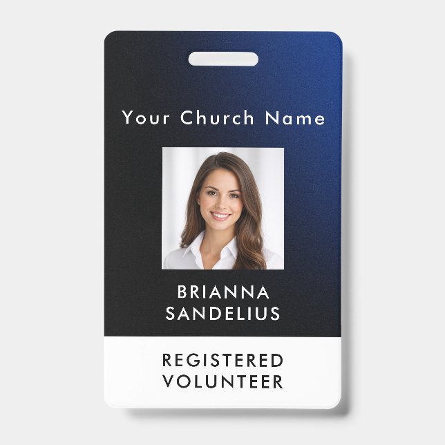 Crachá Personalized Modern Blue Church Volunteer Photo ID (Frente)