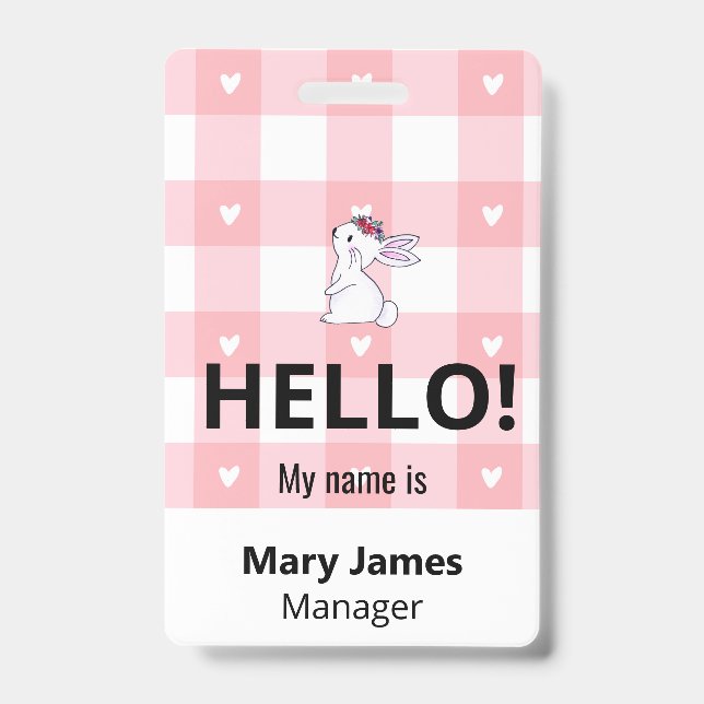 Crachá Pink Gingham Name Lanyard | Personalized ID Badge  (Frente)