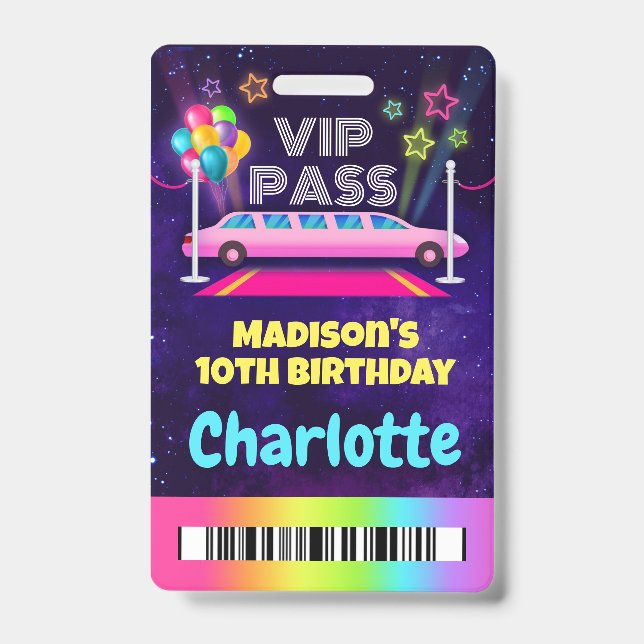 Crachá Pink Limo VIP Pass Birthday Lanyard (Frente)