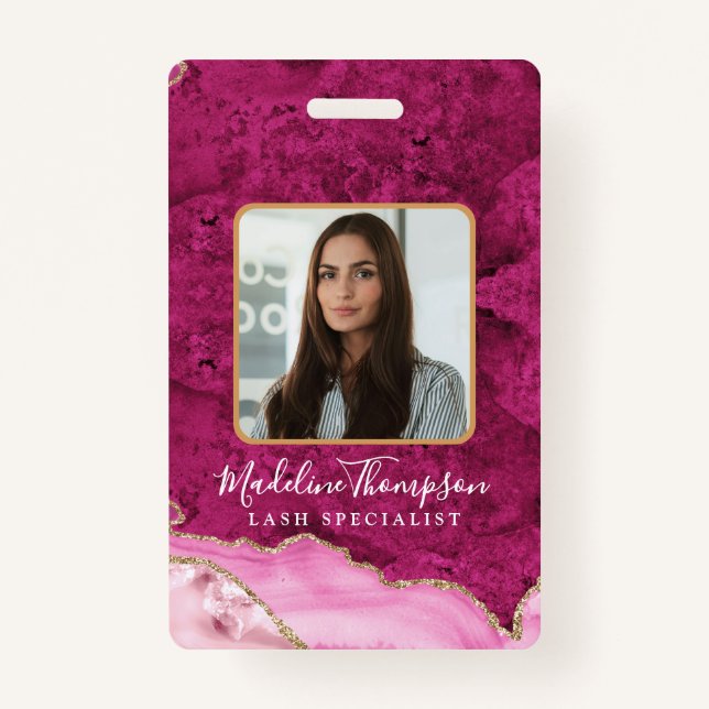 Crachá Pink Magenta Gold Agate Marble Business Company ID (Frente)