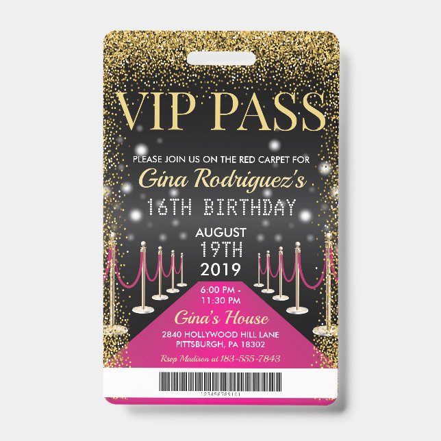 Crachá Pink VIP Pass Hollywood Red Carpet Birday (Frente)