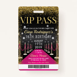 Crachá Pink VIP Pass Hollywood Red Carpet Birday