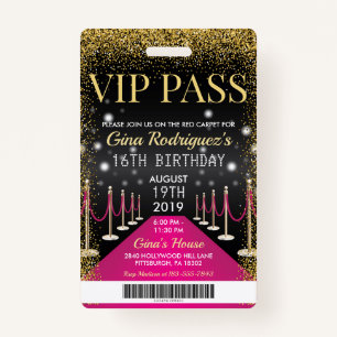 Crachá Pink VIP Pass Hollywood Red Carpet Birday